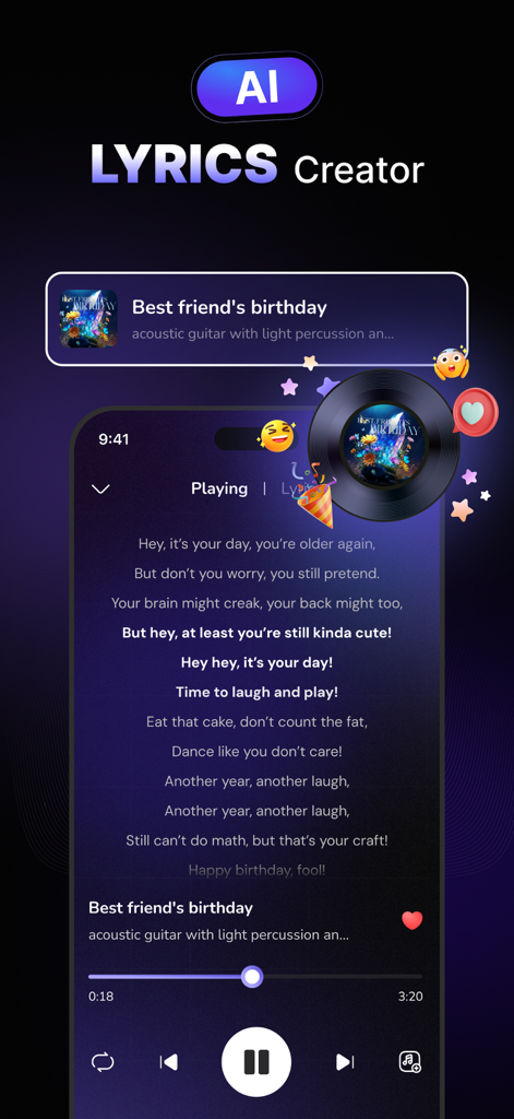 Mintunes: AI Music Generator - Mintunes app interface showing AI generated lyrics for a custom birthday song with music player controls
