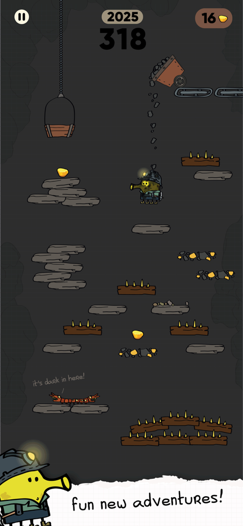 Doodle Jump 2 gameplay showing the miner character in a dark cave level with platforms and spikes