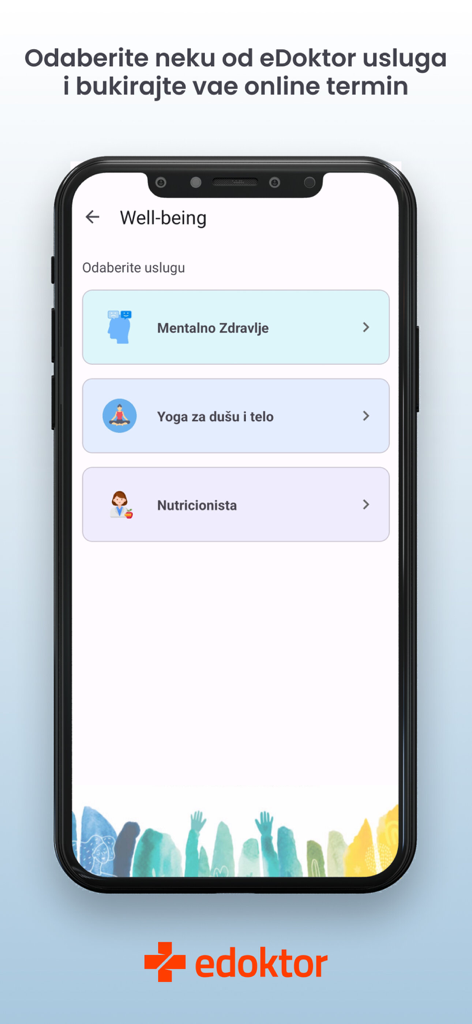 eDoktor - eDoktor app screen showing well-being service options including mental health yoga and nutrition