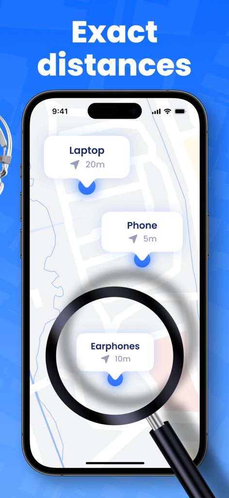 Air Tracker, Device Finder App - A smartphone showing a map interface with pin locations and exact distances for a lost laptop phone and earphones under a magnifying glass