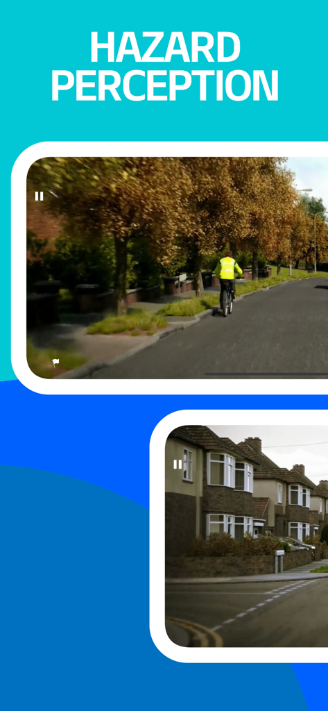 The Complete Theory Test 2026 - Interface showing hazard perception video clips of a cyclist and a residential street for driving theory test practice.