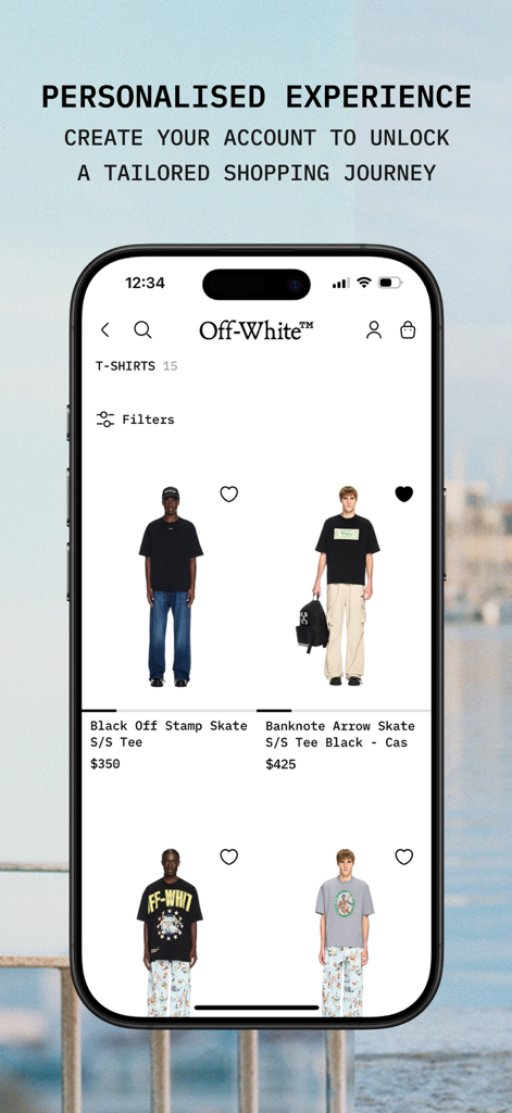 Off-White - Off-White app screen showing a personalized shopping experience for designer t-shirts