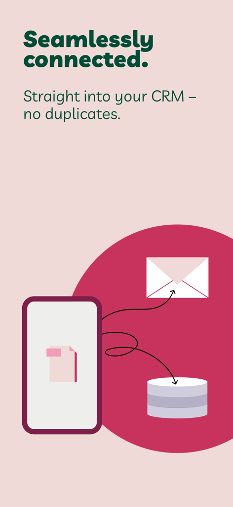 Graphic illustrating the VisitReport app seamlessly connecting data to a CRM database and email without duplicates