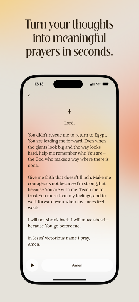 Aura app screenshot showing a generated prayer with the heading Turn your thoughts into meaningful prayers in seconds.