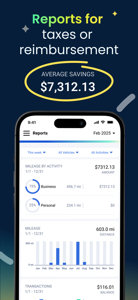 Mileage Tracker App by TripLog - TripLog app dashboard showing mileage reports and average tax savings