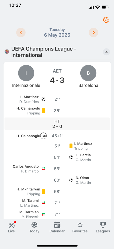 Rezultati mk mobile App-Bildschirm mit Spieldetails, der Tore und Statistiken für Internazionale gegen Barcelona zeigt