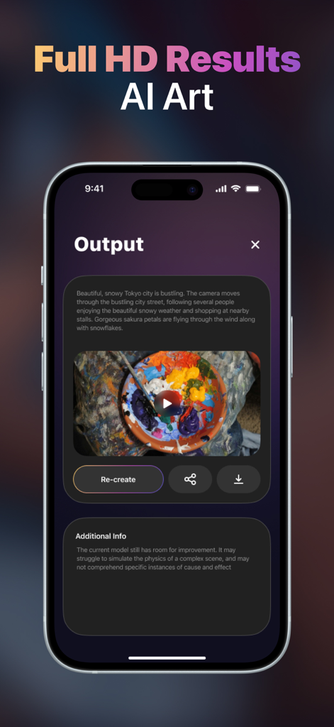 Loomi AI - ‎AI Video Generator - Application mobile Loomi AI affichant un résultat vidéo généré avec une description de l'invite textuelle et des options de téléchargement.