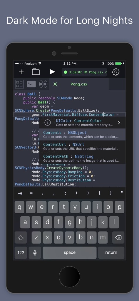 Continuous .NET C# and F# IDE - Continuous .NET IDE dark mode interface showing C sharp code completion and syntax highlighting on iPhone