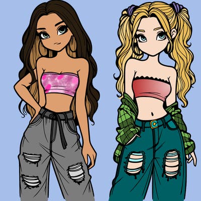 2 girls in crop tops and baggy jeans ripped