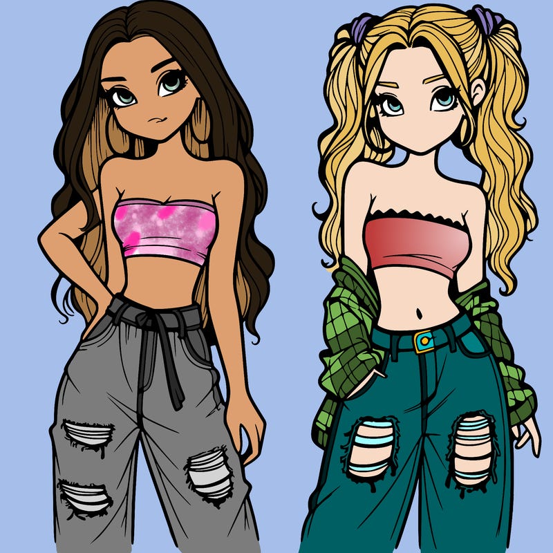 2 girls in crop tops and baggy jeans ripped
