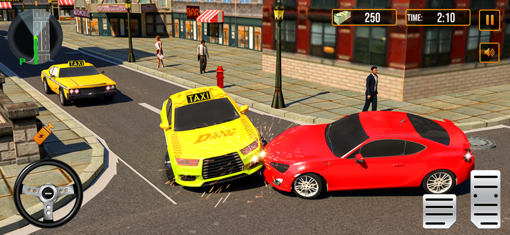 Extreme Taxi Car Driving game - Yellow taxi crashing into a red sports car on a city street in a 3D simulation game.