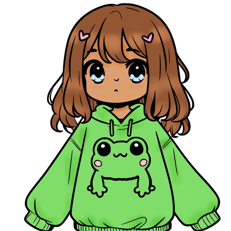 girl wearing frogging sweatshirt