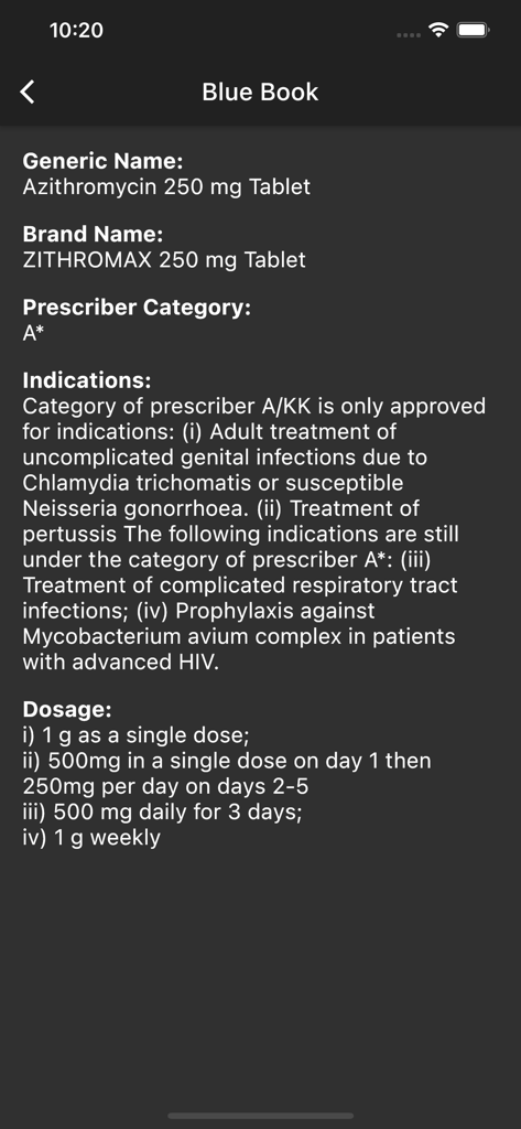 Blue Book+ CPG Malaysia - Azithromycin medication details and dosage instructions in the Blue Book plus CPG Malaysia app