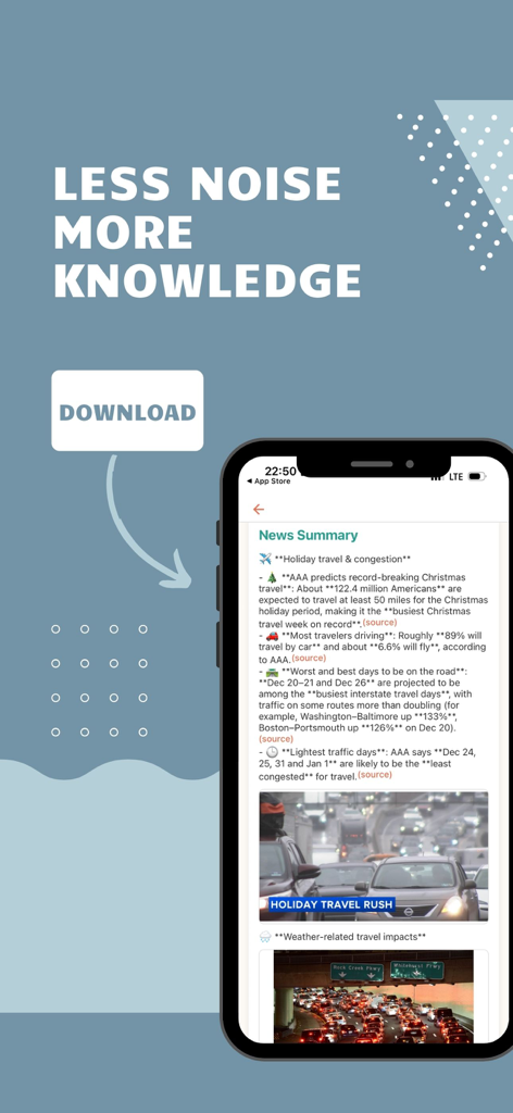 AI News Agents - Interface de l'application mobile AI News Agents montrant un article d'actualité résumé sur la congestion des voyages pendant les vacances avec le slogan Moins de bruit, plus de connaissances.
