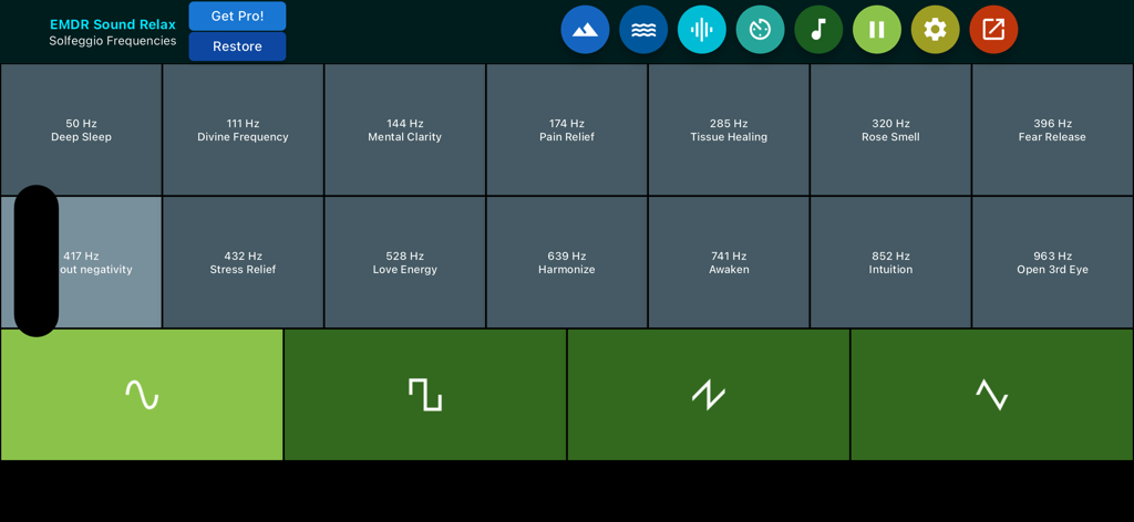 Interface showing Solfeggio frequencies and waveform options in the EMDR Sound Relax app