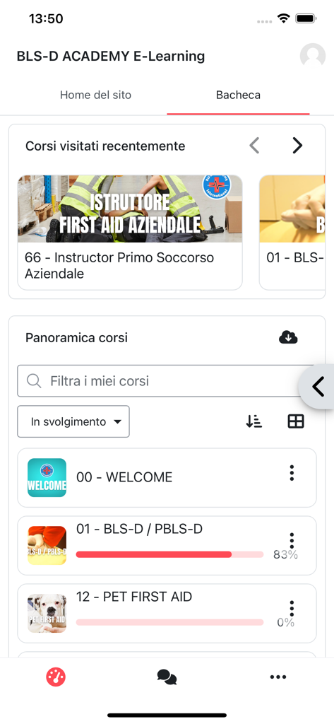 BLSD School - Dashboard of the BLSD School mobile app showing various first aid and scuba diving courses.