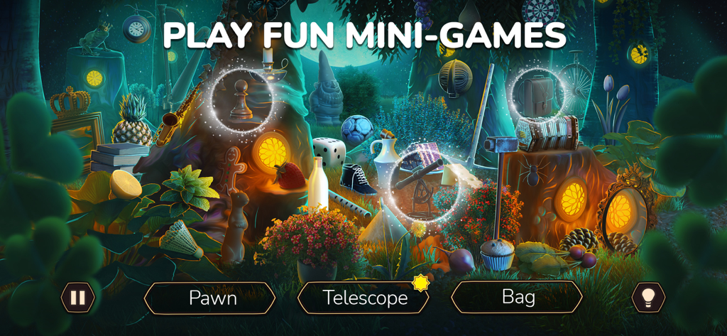 Eine magische Nachtszene, in der Spieler nach Gegenständen wie einem Teleskop und Bauern suchen