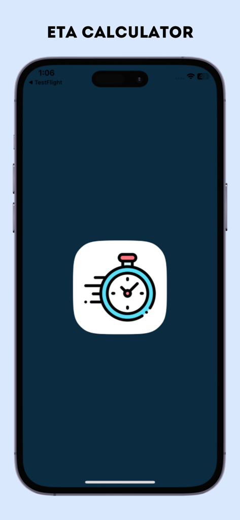 Splash screen of the ETA Calculator navigation app featuring a stopwatch icon and dark mode theme
