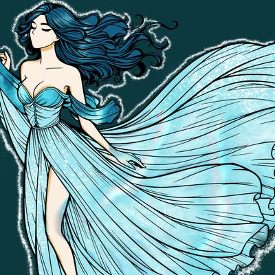 realistic woman in dress flowing the the wind