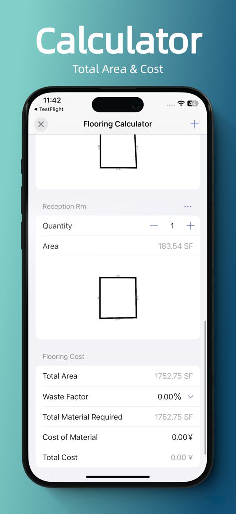 Room Scanner - Easy Measure Rm - Oberfläche der Room Scanner-App, die einen Bodenbelagsrechner mit Raumflächenmessungen und Kostenschätzungen für Materialien zeigt