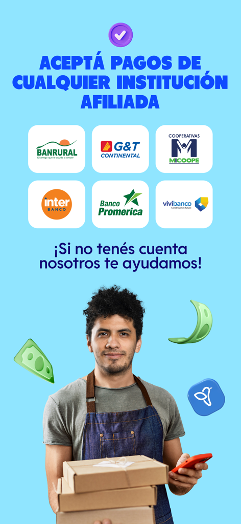 fri Negocios - Interfaz de la app fri Negocios mostrando bancos asociados en Guatemala para pagos móviles empresariales.