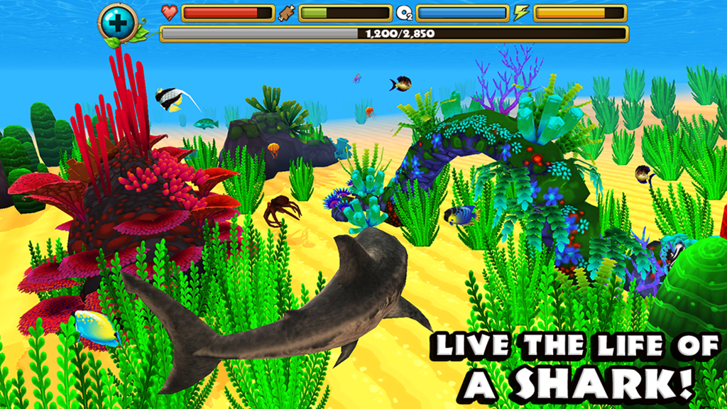 Great White Shark swimming in a vibrant 3D underwater coral reef environment