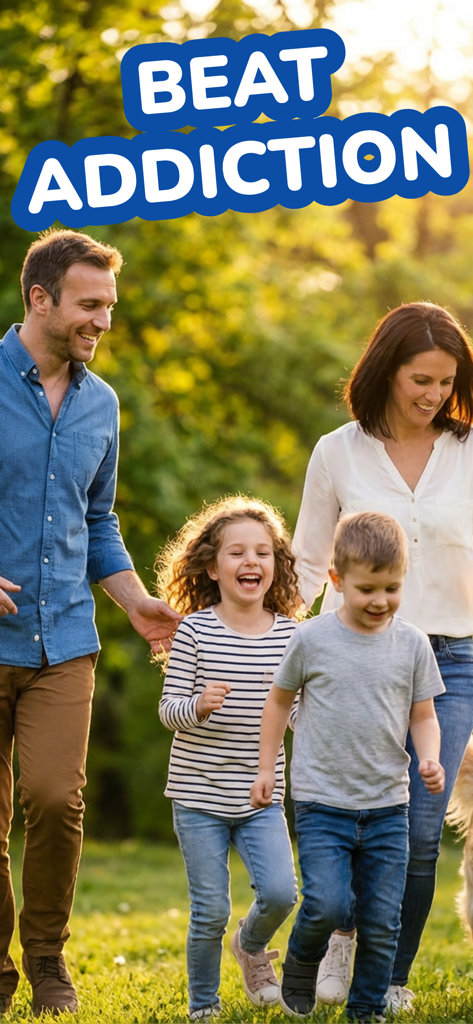 A happy family walking in a sunny park with the text Beat Addiction