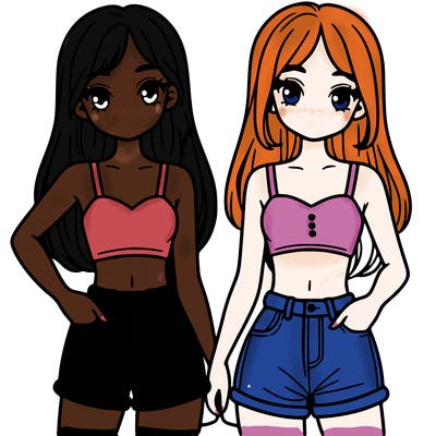 two sisters with crop tops and jean shorts and straight hair