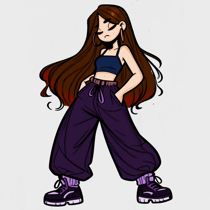 girl in baggy pants crop top and long hair
