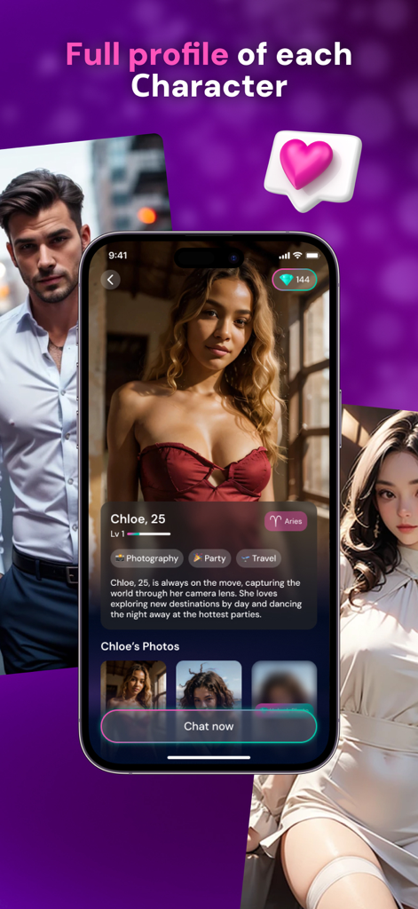 A mobile phone screen displaying a detailed AI girlfriend character profile with photos and biography
