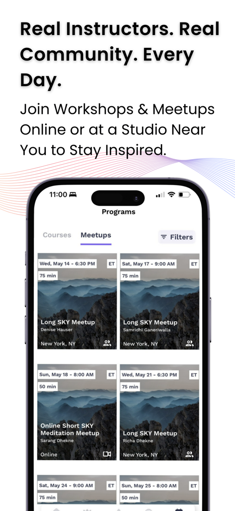 Art of Living app screen showing a schedule of online and in-person meditation and SKY breathwork meetups
