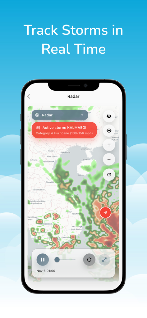 Weather Radar: Forecast Live - A smartphone screen showing a real-time hurricane tracking radar map with storm path alerts.