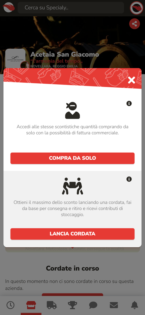 Specialy app screen displaying individual purchase and group lead options