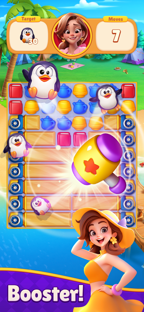 Dream Mania - Match 3 Games - Jogabilidade de Dream Mania match 3 com um booster de martelo e pinguins fofos em um tabuleiro de quebra-cabeça