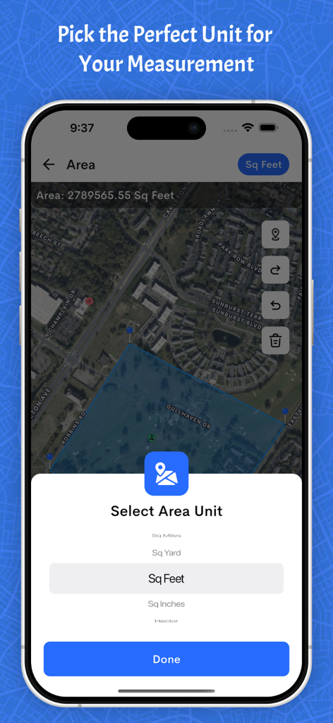Field maps - Distance Measure - Tela de seleção de unidades de área no aplicativo Field maps mostrando a medição de pés quadrados sobre um mapa de levantamento de terras.