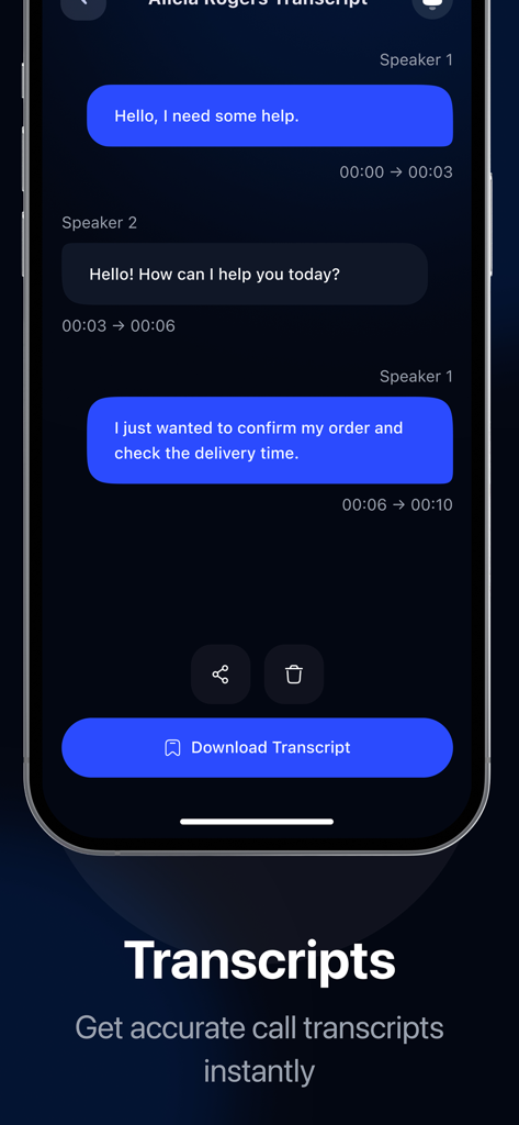 Callyo: Record & Memos - Mobile app interface showing an AI-powered call transcription with speaker labels and a download button.