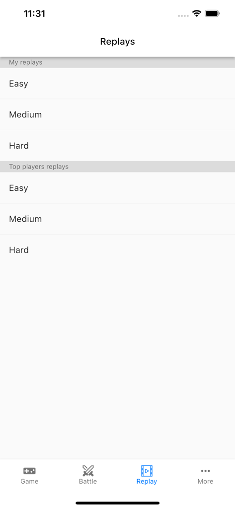 Minesweeper (With Multiplayer) - Schermata Replay dell'app Prato Fiorito che mostra sezioni per replay personali e dei migliori giocatori attraverso i livelli di difficoltà facile, medio e difficile
