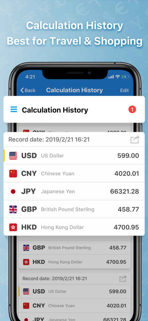 iMoney · Currency Converter - iMoney app screenshot showing calculation history with multiple currencies for travelers and shoppers