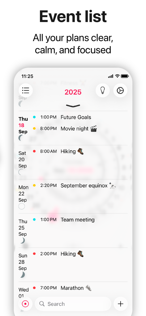 Minimalistischer Bildschirm mit Ereignisliste in der CircleTime-App, der geplante Pläne und Mondphasen anzeigt