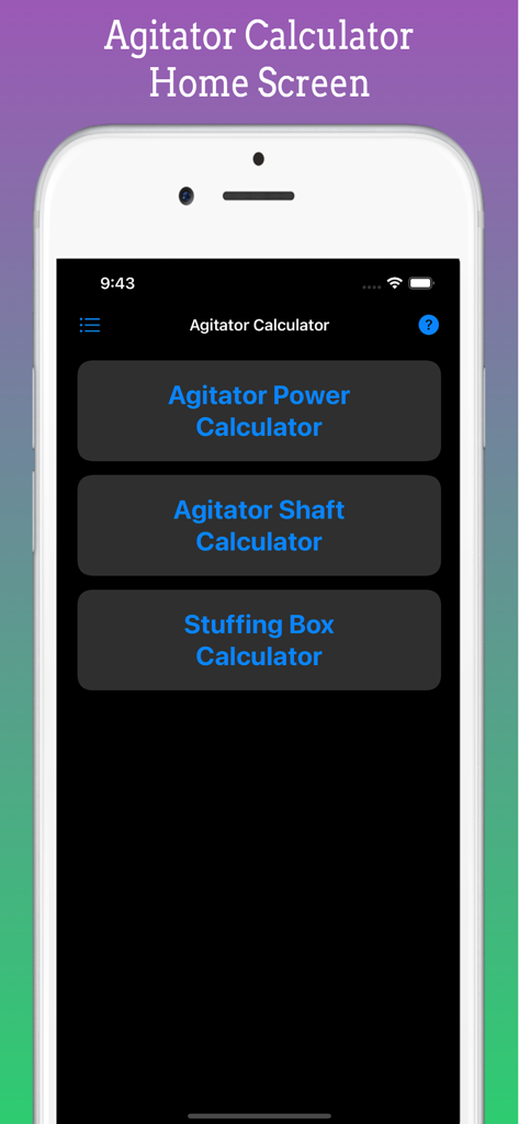 Agitator Design Pro - Agitator Design Pro app home screen showing main menu with power shaft and stuffing box calculators