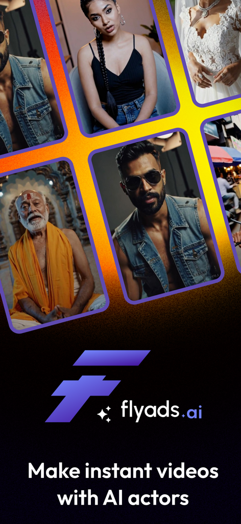 FlyAds app home screen featuring diverse AI actors and the slogan Make instant videos with AI actors