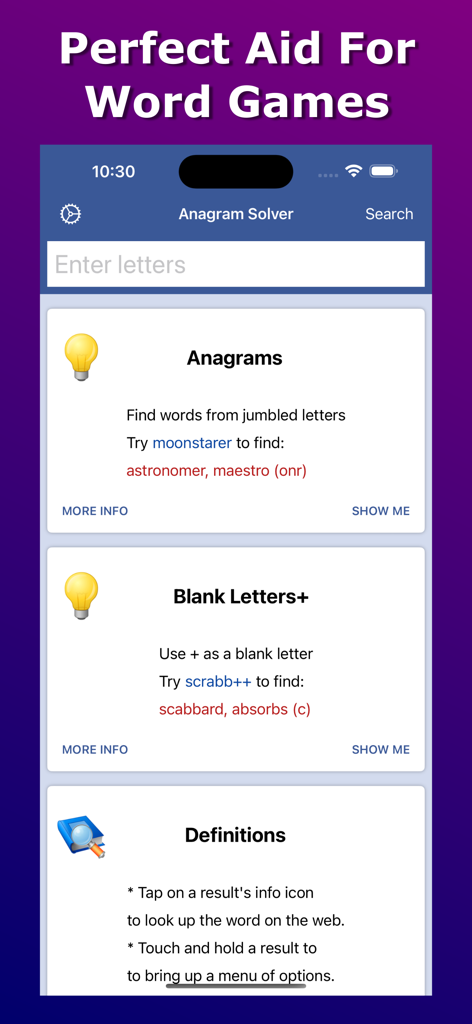 Anagram Solver - Crosswords - アナグラムソルバーアプリのインターフェース。アナグラム検索とブランク文字機能を紹介しています。