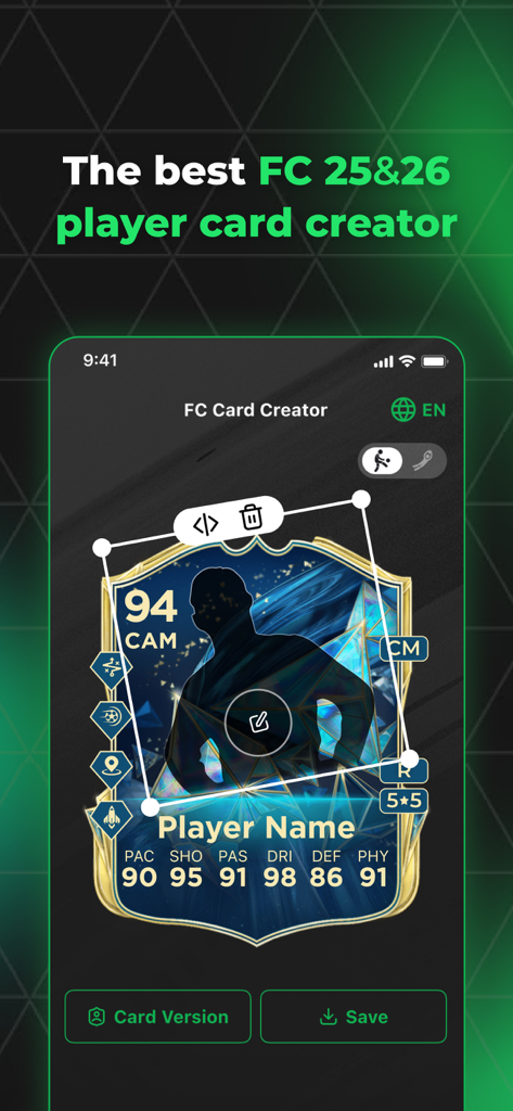 Mobile app interface of FC 26 Card Creator showing the customization of a 94 rated CAM player card