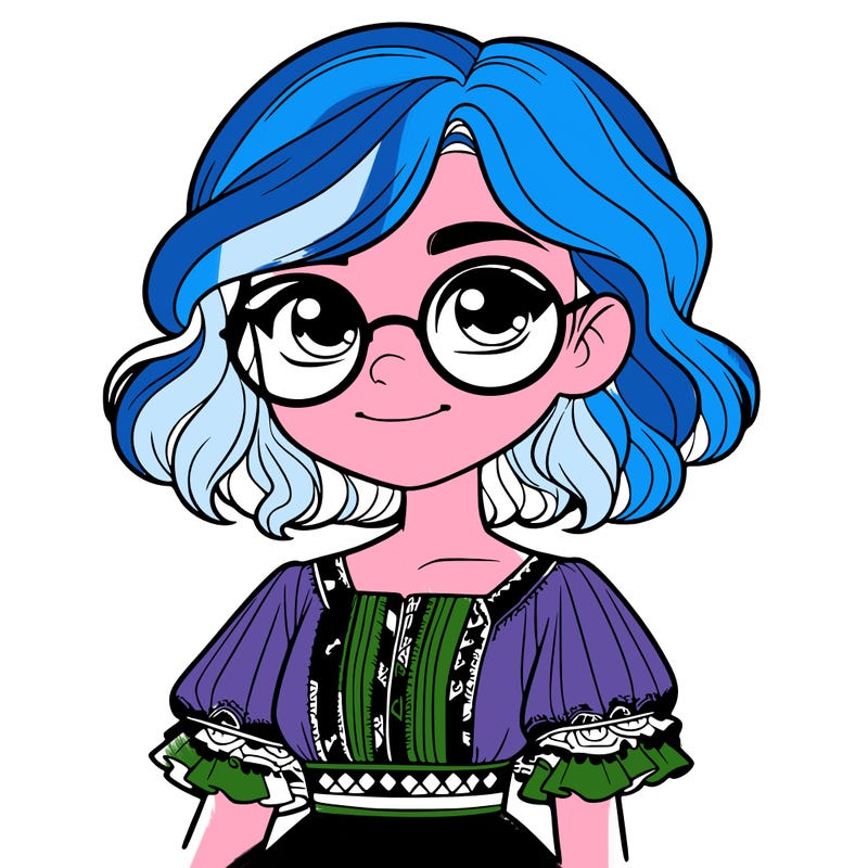 one girl with medium short hair, which are wavy. she has round glasses. she wears a latina outfit.