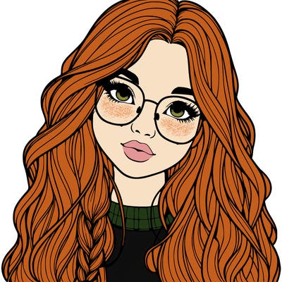 girl with long hair and freckles and glasses realistic