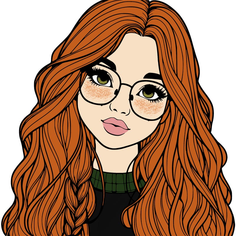 girl with long hair and freckles and glasses realistic