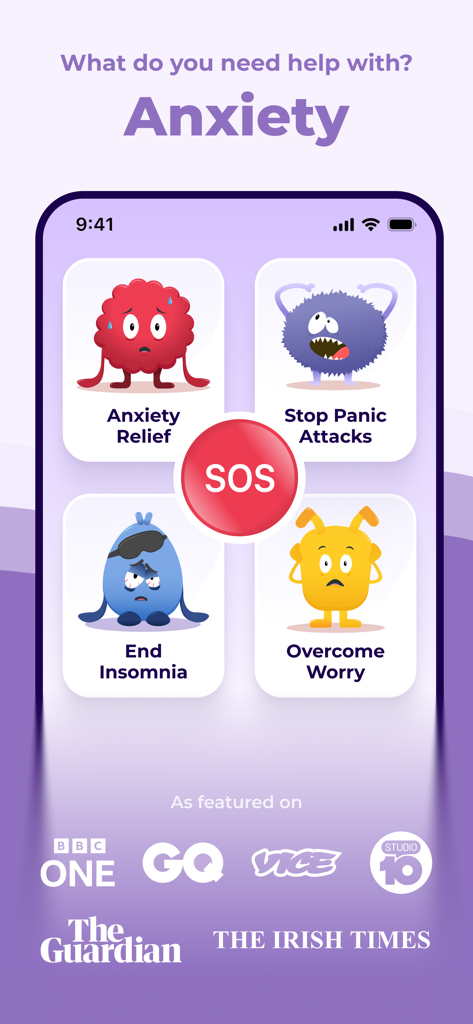 Schermata home dell'app Dare che mostra le categorie sollievo dall'ansia, attacchi di panico, insonnia e preoccupazione con un pulsante SOS