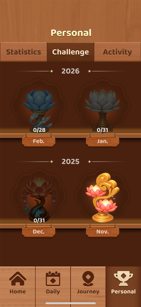 Bildschirm für persönliche Herausforderungen mit monatlichen Lotus-Trophäen in Mahjong Hybrid