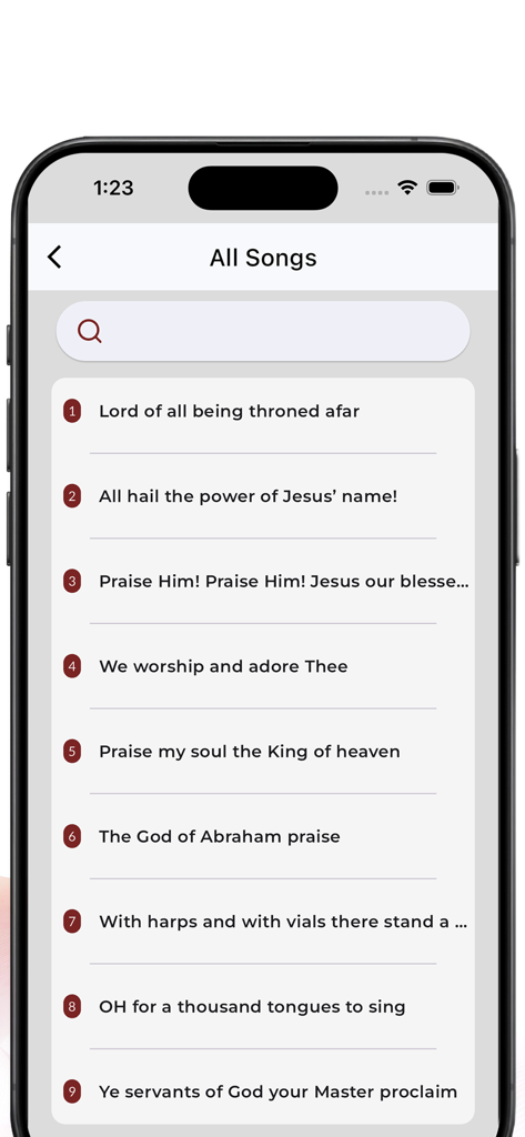 A numbered list of worship songs and hymns displayed in the Apostolic Hymns mobile app interface