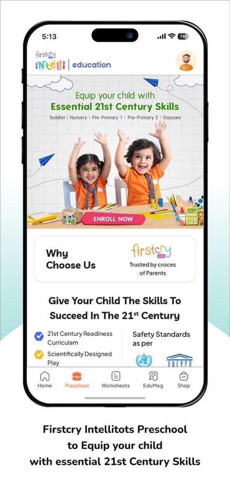 FirstCry Intelli Education - FirstCry Intelli Education app screen featuring preschool enrollment and 21st century skills curriculum for children.